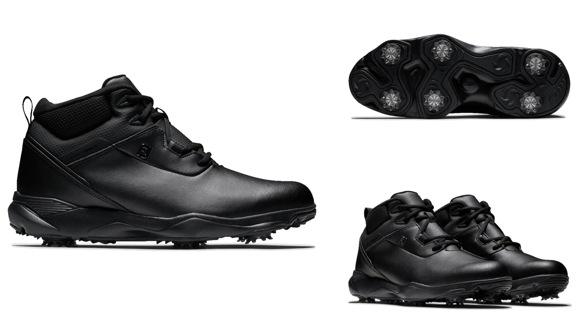 A pair of black mens FootJoy winter golf boots
