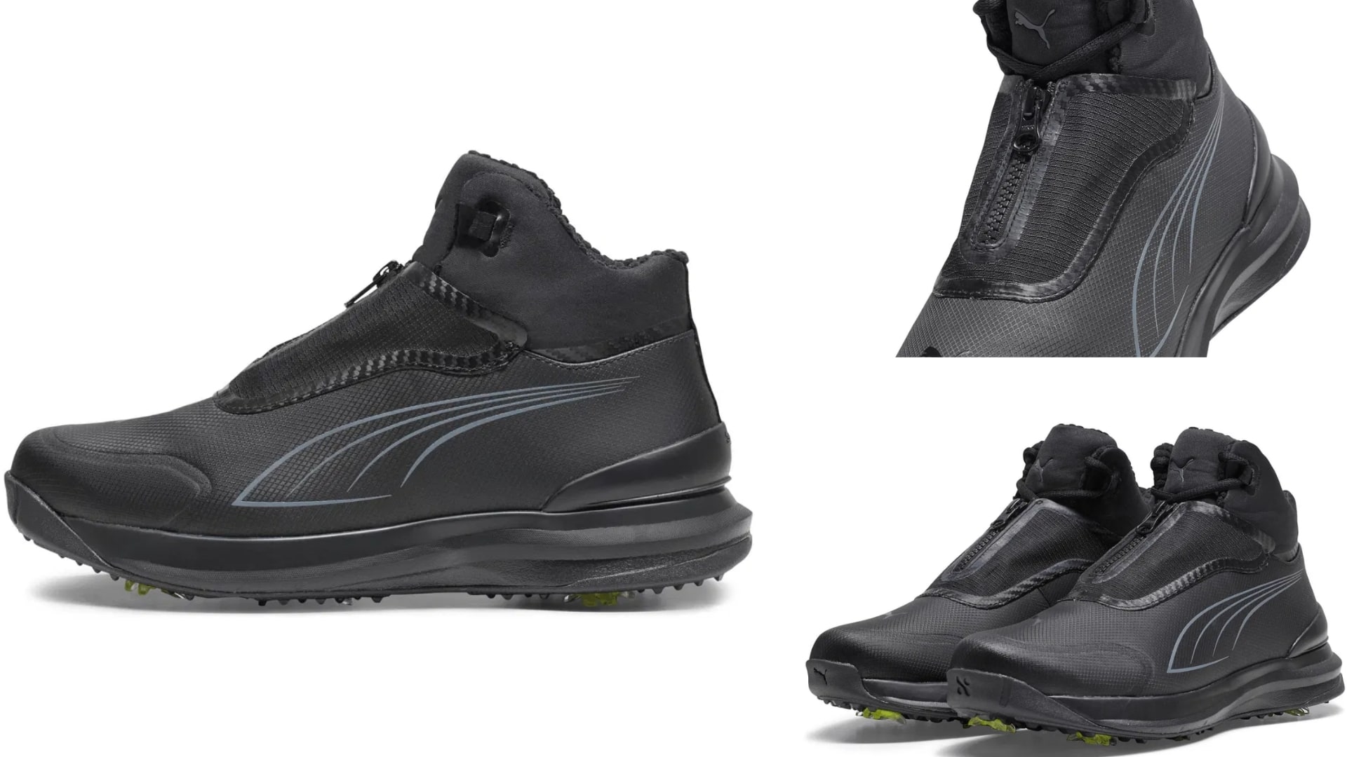 A pair of black Puma drylbl winter golf boots