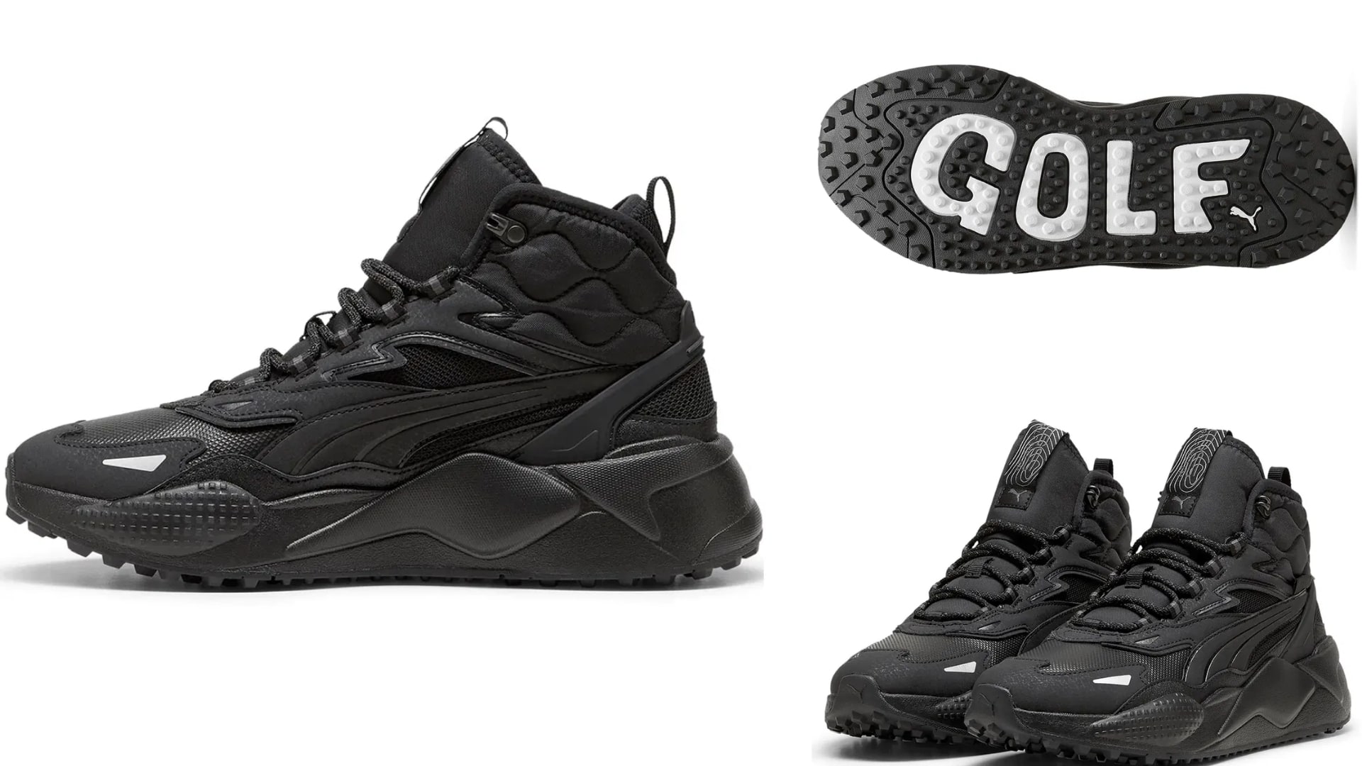 A pair of black Puma GSX Egekt winter golf boots