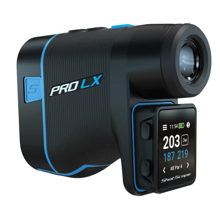 The Shot Scope PRO LX+ GPS laser rangefinder in blue with H4 Handheld attached