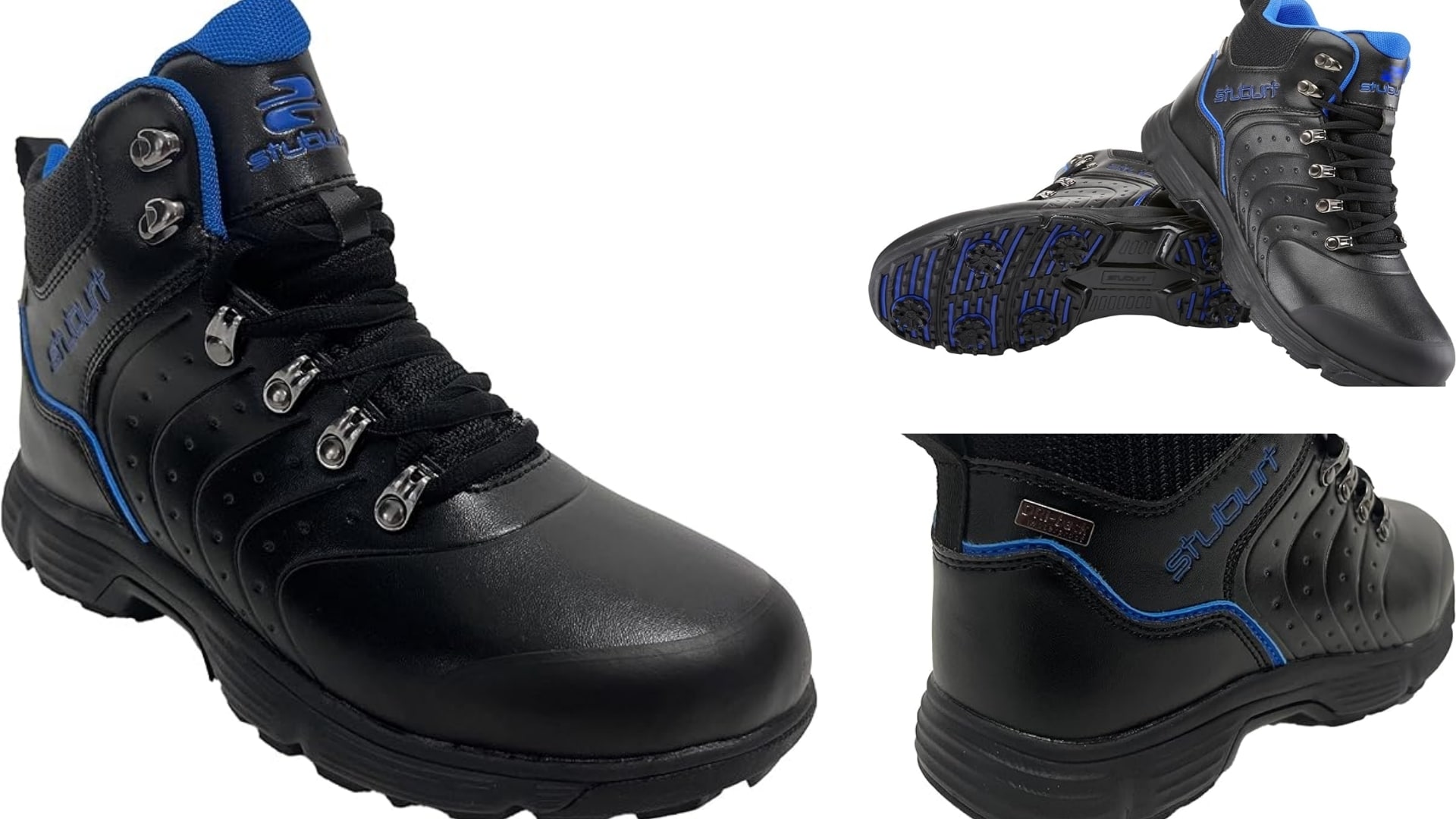 A pair of blue and black Stuburt Evolve sport 2 waterproof winter golf boots