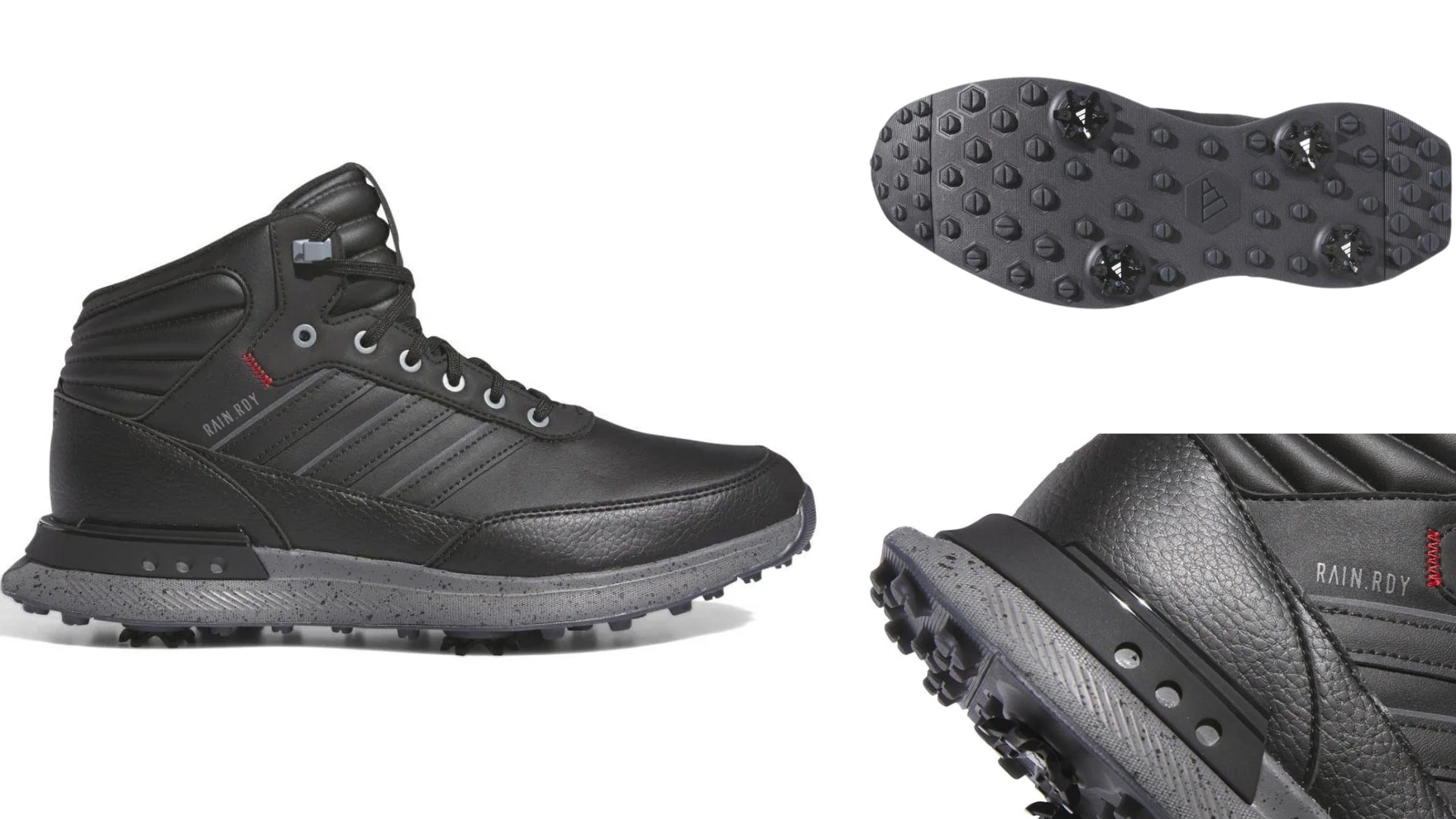 A pair of black Adidas S2G Rain Ready winter golf boots