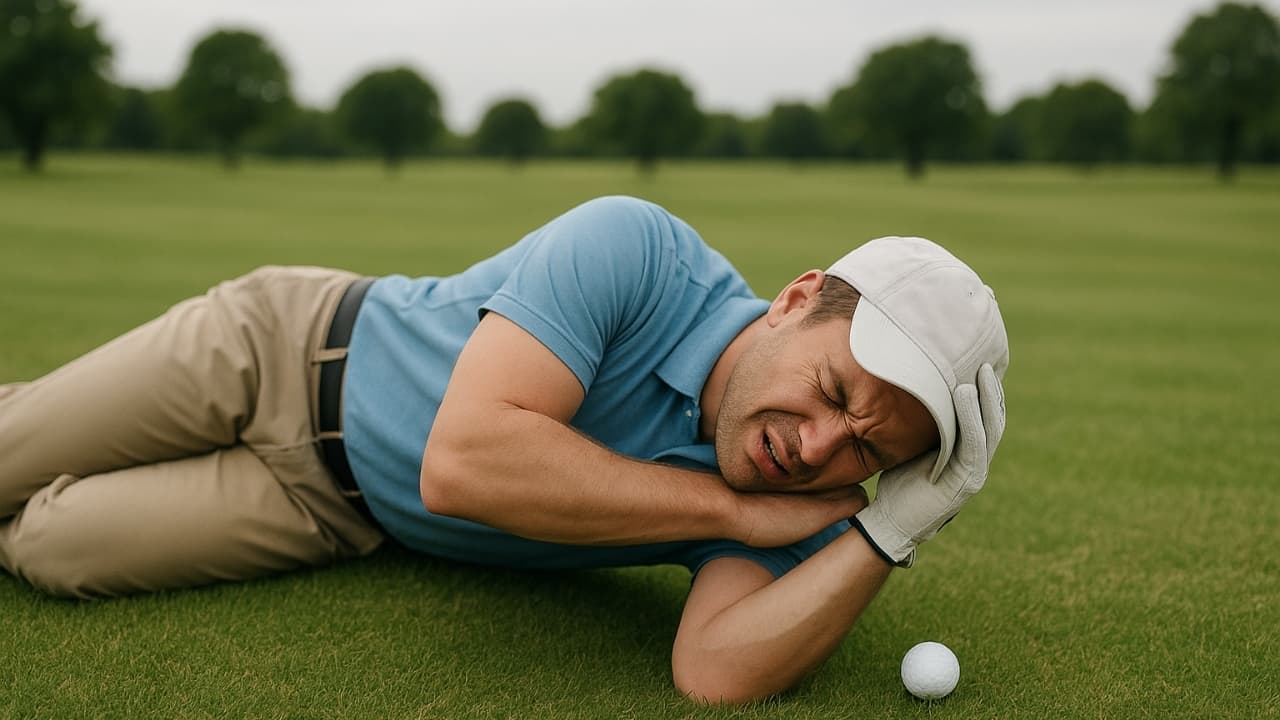 Golfer lying on the ground holding his head next to a golf ball