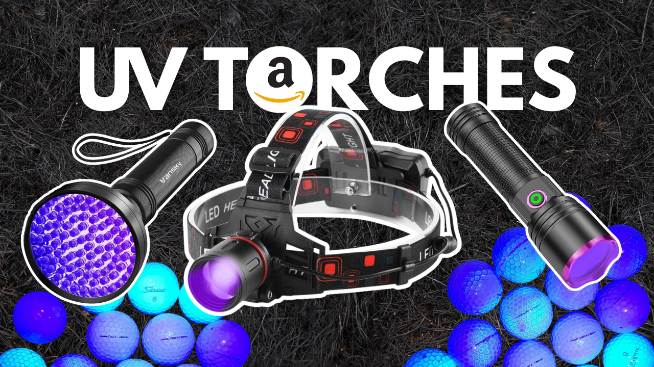 Three UV torches on a dark background with golf balls displayed