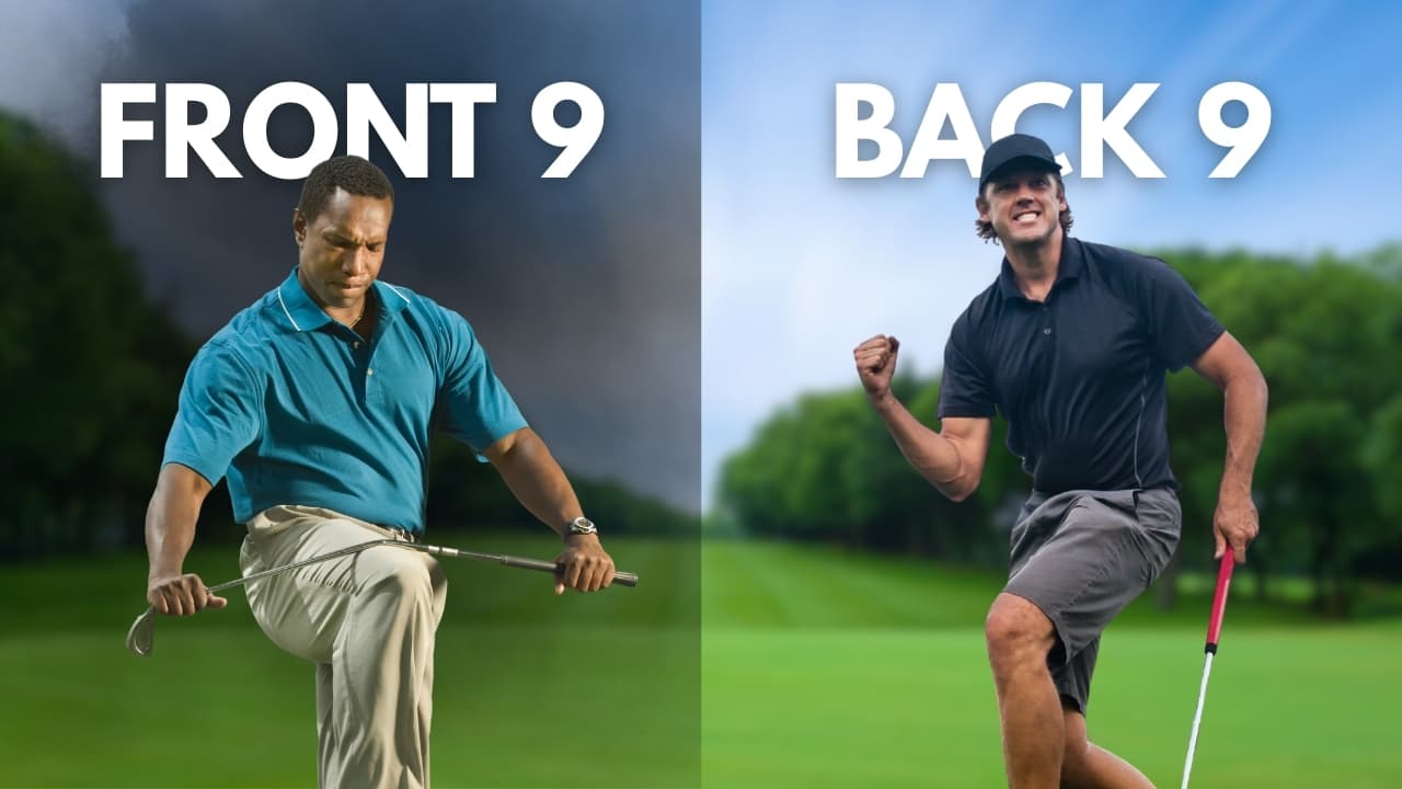 Two golfers standing on a golf course. One looks unhappy and is snapping a golf club with the text 'Front 9' displayed above him. The second male golfer is fist pumping and has the text 'Back 9' shown above him.