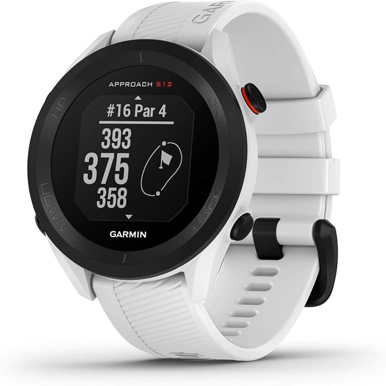 Product shot of the Garmin Approach S12 GPS golf watch in white