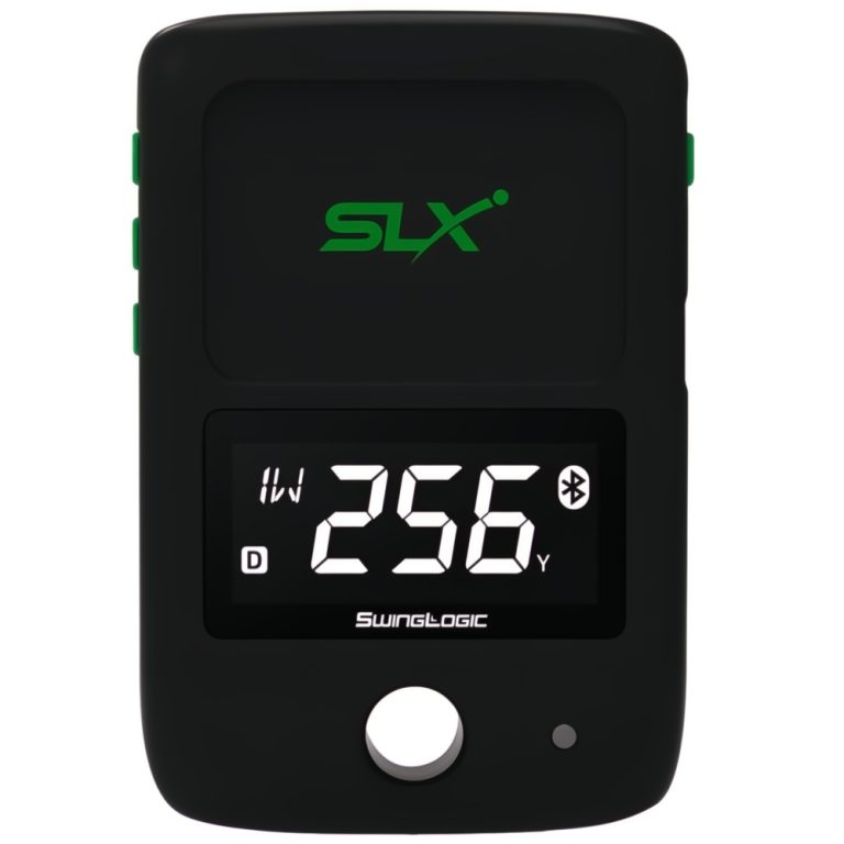 Product image showing the black SwingLogic SLX Mini Golf Launch Monitor