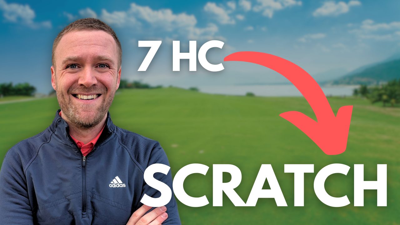 Andy standing in front of a golf course with the text 7 HC and Scratch as well as a red arrow visible as an overlay
