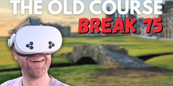 Andy wearing a Virtual Reality Meta Quest 3 headset with a picture of the old course (st andrews) in the background